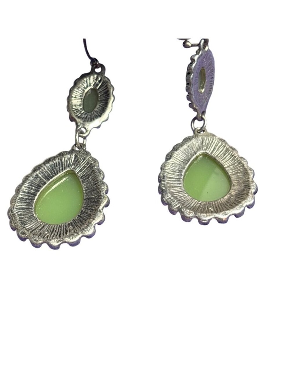 Vintage Y2K Goldtone Textured Teardrop Dangle Earrings Green Cabochons 2 inches - Picture 3 of 3